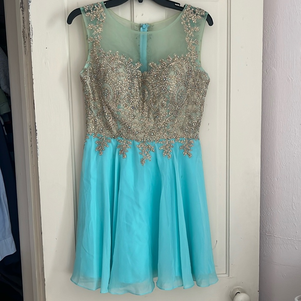 Teal homecoming/prom dress short and jeweled, medium